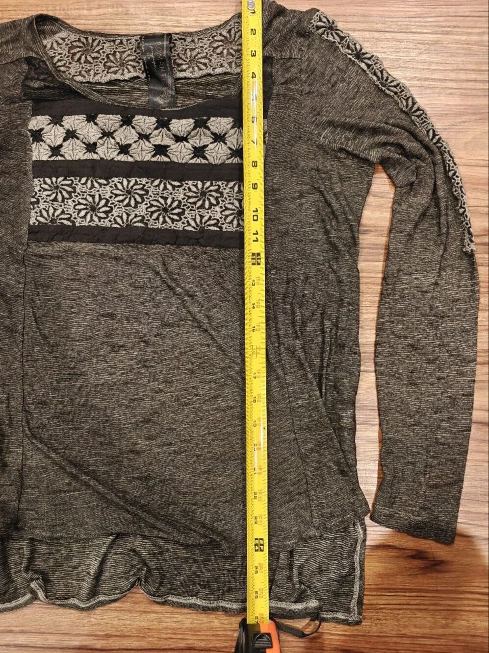 Free People New Romantics Black Beige Striped Lace Trim Long Sleeved Shirt